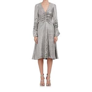 Prabal Gurung Metallic Silver Ruched Long Sleeve Cocktail Dress